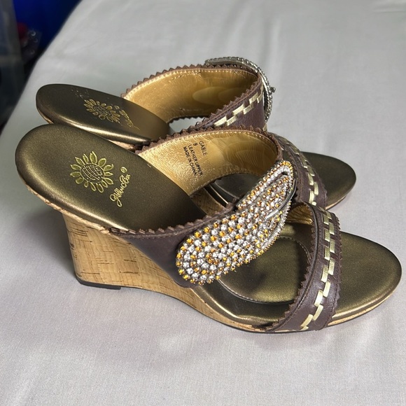 Yellow Box Gable Buckle Rhinestone Embellished Leather Cork Wedge size 9 - Picture 9 of 11
